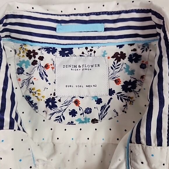 Ricky Singh Denim & Flower Mens Cotton Button Down Shirt Large Short Sleeve Dot - Picture 3 of 8